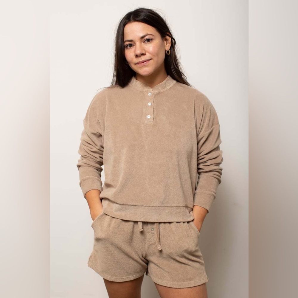 DONNI. x Beyond Yoga Terry Henley long sleeve shirt in light brown